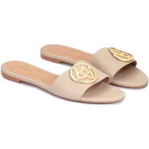 Kazar, Schoenen, Dames, Beige, 35 EU, Leer, Platte leren slippers versierd met een monogram