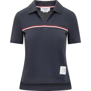 Thom Browne, Tops, Dames, Blauw, 2Xs, Korte mouwen polo met geborduurd logo