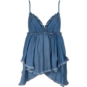 Pinko, Tops, Dames, Blauw, M, Losse V-hals Top met Gerimpelde Bandjes