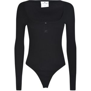 Courrèges, Tops, Dames, Zwart, S, Katoen, Zwart Logo-Geborduurd Henley Bodysuit