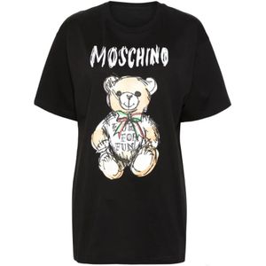 Moschino, Tops, Dames, Zwart, S, Katoen, Zwarte Logo Print Teddy Bear T-shirts en Polos