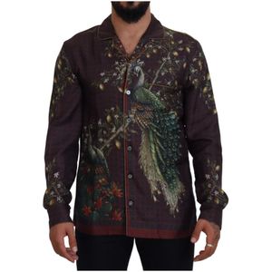 Dolce & Gabbana, Overhemden, Heren, Rood, S, Prachtige Bordeaux Ostrich Print Zijden Overhemd