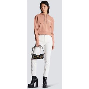 Balmain, Sweatshirts & Hoodies, Dames, Roze, M, Katoen, Cropped Sweatshirt met Flocked Logo