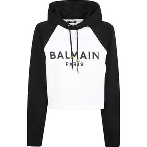 Balmain, Sweatshirts & Hoodies, Dames, Zwart, XS, Katoen, Stijlvolle Raglan Cropped Hoodie