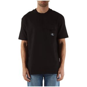 Calvin Klein Jeans, Tops, Heren, Zwart, M, Katoen, Stretch Katoenen T-shirt met Voorzak