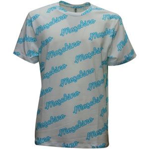 Moschino, Tops, Heren, Wit, L, Katoen, Witte Katoenen T-shirt met Blauwe Print
