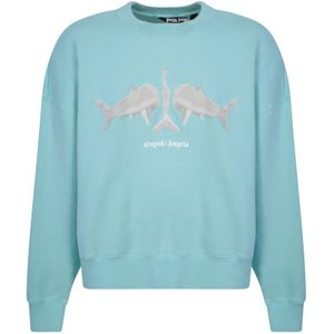 Palm Angels, Sweatshirts & Hoodies, Heren, Blauw, M, Katoen, Heren Sweatshirt met Haaienprint
