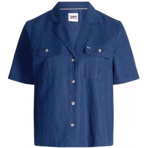 Tommy Jeans, Blouses & Shirts, Dames, Blauw, S, Linnen, Blauwe Linnen Bowling Shirt