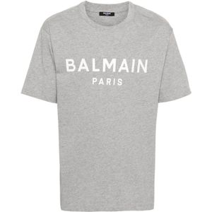 Balmain, Tops, Heren, Grijs, M, Katoen, Logo Print Crew Neck T-shirts en Polos