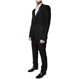 Dolce & Gabbana, Pakken, Heren, Zwart, L, Wol, Zwart wollen Slim Fit 3-delig pak