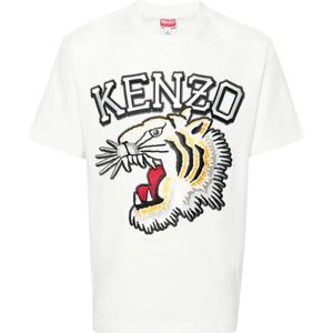 Kenzo, Tops, Heren, Wit, S, Katoen, Witte Tiger Varsity Geborduurde T-shirts en Polos