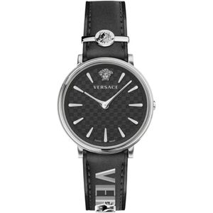 Versace, Accessoires, Dames, Grijs, ONE Size, Klassiek Leren Band Analoog Horloge