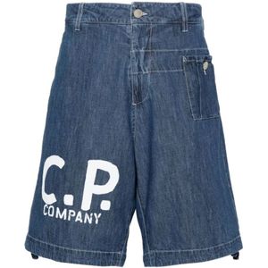 C.p. Company, Korte broeken, Heren, Blauw, L, Denim, Blauwe Denim Logo Print Trekkoord Shorts