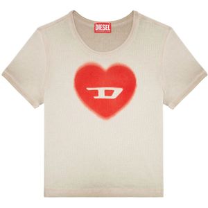 Diesel, Tops, Dames, Beige, 2Xs, Katoen, Ribbed T-shirt with watercolour heart D