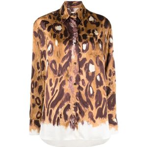 Marni, Blouses & Shirts, Dames, Bruin, XS, Luipaardprint Shirt met Puntige Kraag