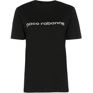 Paco Rabanne, Korte mouwen T-shirt in klassiek zwart en grijs Zwart, Dames, Maat:S