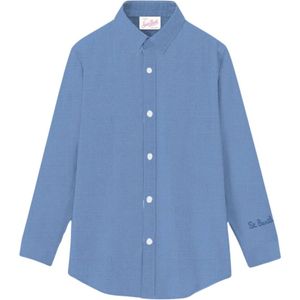 MC2 Saint Barth, Blouses & Shirts, Dames, Blauw, L, Linnen, Blauw Linnen Overhemd met Exclusieve Borduursels