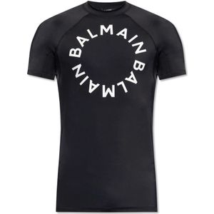 Balmain, Tops, Heren, Zwart, XL, Zwarte Swim T-shirt met Logo Print
