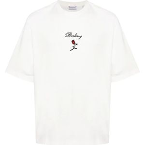 Burberry, Tops, Heren, Wit, L, Katoen, Witte Flocked Rose T-shirts en Polos