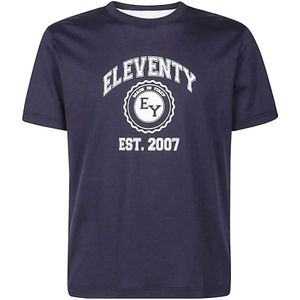 Eleventy, Tops, Heren, Blauw, L, Katoen, College Print Ronde Hals T-Shirt