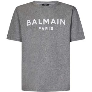 Balmain, Tops, Heren, Grijs, S, Katoen, Grijze Melange Biologisch Katoenen T-Shirt met Logo Print