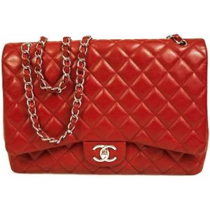 Chanel Vintage, Pre-owned, unisex, Rood, ONE Size, Tweed, Tweedehands Rode Caviar Leren Classic Double Flap Maxi Tas