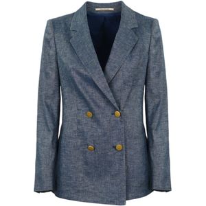 Tagliatore, Dubbelbreasted linnen blend blazer Blauw, Dames, Maat:L