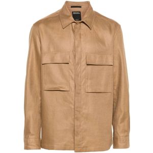 Z Zegna, Bruine Linnen Overshirt Jas Bruin, Heren, Maat:L