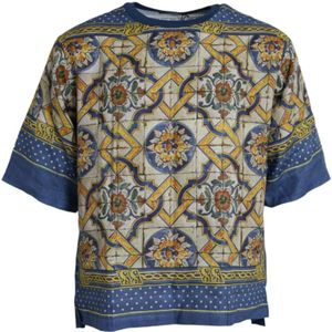 Dolce & Gabbana, Tops, Heren, Veelkleurig, S, Linnen, Majolica Print Linnen T-shirt
