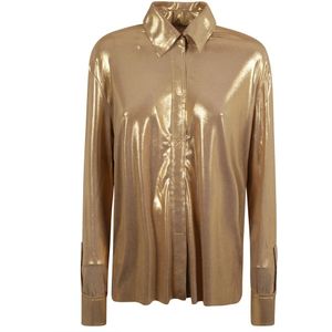 Norma Kamali, Blouses & Shirts, Dames, Geel, S, Polyester, Gouden Stretch Shirt met Lam Effect