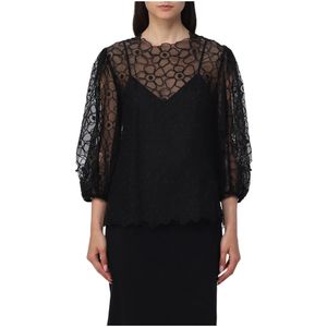 RED Valentino, Bloemen Geborduurde Blouse Zwart, Dames, Maat:S