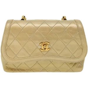 Chanel Vintage, Pre-owned, Dames, Geel, ONE Size, Tweed, Tweedehands Gouden Leren Chanel Flap Tas