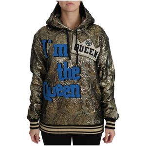 Dolce & Gabbana, Sweatshirts & Hoodies, Dames, Bruin, 2Xs, Wol, Queen Jaquard Goud Sweatshirt Hoodie