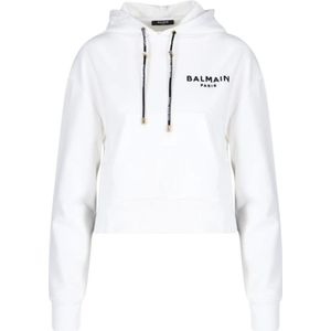Balmain, Sweatshirts & Hoodies, Dames, Wit, XL, Katoen, Witte Logo Hoodie met Voorzak