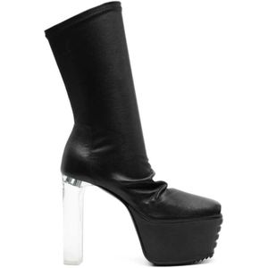 Rick Owens, Zwarte leren peep toe kuitlaarzen Zwart, Dames, Maat:37 EU