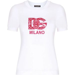 Dolce & Gabbana, Tops, Dames, Wit, S, Katoen, Witte Katoenen T-shirt met Geborduurd Logo