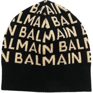 Balmain, Accessoires, Heren, Zwart, L, Wol, Allover Logo Beanie Wol Kasjmier Mix