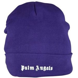 Palm Angels, Accessoires, Heren, Paars, ONE Size, Wol, Paarse Gebreide Beanie met Wit Logo