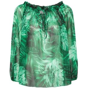 Ermanno Scervino, Blouses & Shirts, Dames, Groen, M, Polyester, Blouse met bladprint, Groen, Gerimpelde kraag