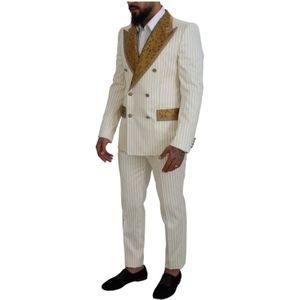 Dolce & Gabbana, Pakken, Heren, Veelkleurig, XL, Katoen, Off White Gouden Gestreepte Tuxedo Slim Fit Pak