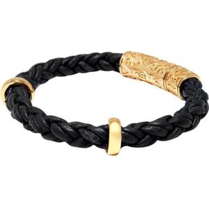 Nialaya, Accessoires, Heren, Zwart, M, Men's Black Braided Leather Bracelet With Gold Lock