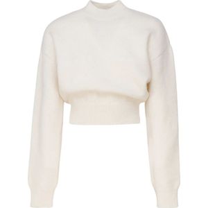 Jacquemus, Truien, Dames, Beige, M, Wol, Beige Logo Sweater Crop Fit