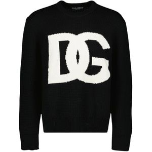 Dolce & Gabbana, Truien, Heren, Zwart, S, Wol, Ronde Hals Lange Mouw Wollen Trui