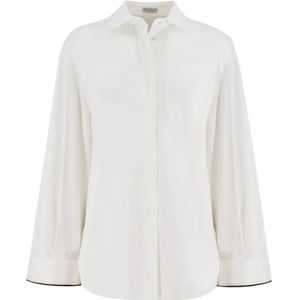 Brunello Cucinelli, Stretch Katoenen Poplin Blouse met Monile Manchetten Wit, Dames, Maat:M