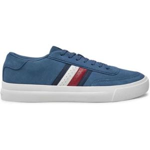 Tommy Hilfiger, Schoenen, Heren, Blauw, 40 EU, Suède, Blauwe Leren Lage Sneakers