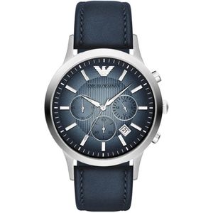 Emporio Armani, Verbluffende Ar 2473 Quartz Horloge - Blauwe Wijzerplaat, Leren Band Blauw, unisex, Maat:ONE Size