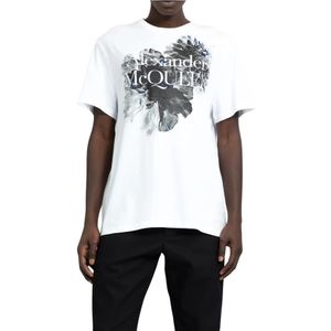 Alexander McQueen, Tops, Heren, Wit, XL, Katoen, Wit Bloemen Logo Print T-Shirt