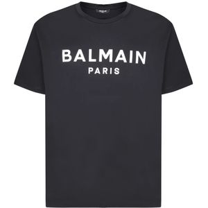 Balmain, Tops, Heren, Zwart, S, Katoen, Zwart Logo Print T-Shirt