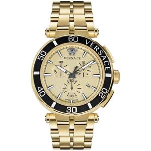 Versace, Greca Chrono Goud Roestvrij Stalen Horloge Zwart, Heren, Maat:ONE Size
