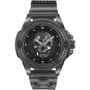 Philipp Plein, Accessoires, Heren, Zwart, ONE Size, Quartz Horloge, Zwarte Kast, Grijze Band